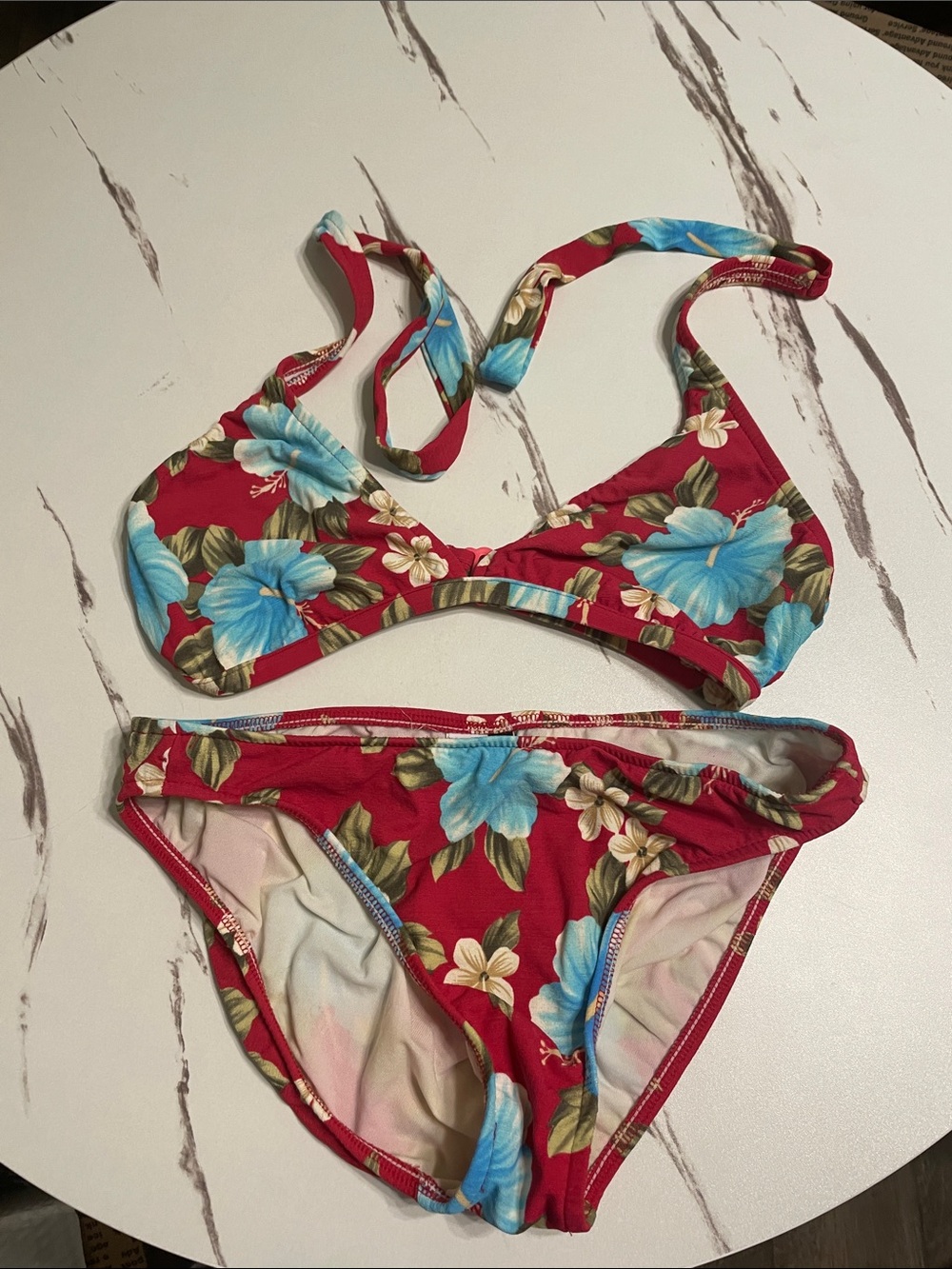 Leilani Red Bikini with Blue Hibiscus Flower Print Sz S made in USA